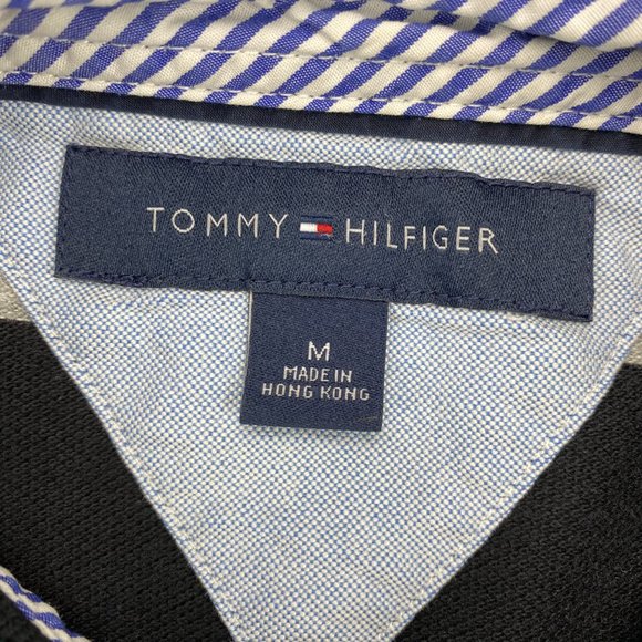 Tommy Hilfiger Polo Shirt Men Medium M Black Gray Stripe Casual Golf Embroidered - Picture 4 of 8